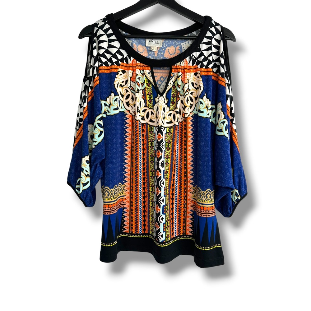 Beige by ECI Womens Blue Orange Geometric Cold Shoulder Blouse Large 3/4 Sleeve